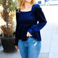 Shine Your Light Navy Crushed Velvet Smocked Ruffle Top