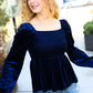 Shine Your Light Navy Crushed Velvet Smocked Ruffle Top