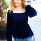 Shine Your Light Navy Crushed Velvet Smocked Ruffle Top