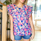 Vacay Ready Blue & Fuchsia Floral Smocked Ruffle Sleeve Top