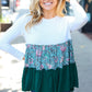 Charming Hunter Green Floral Frill Tiered Color Block Top