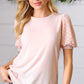 Peach Eyelet Puff Sleeve French Terry Top