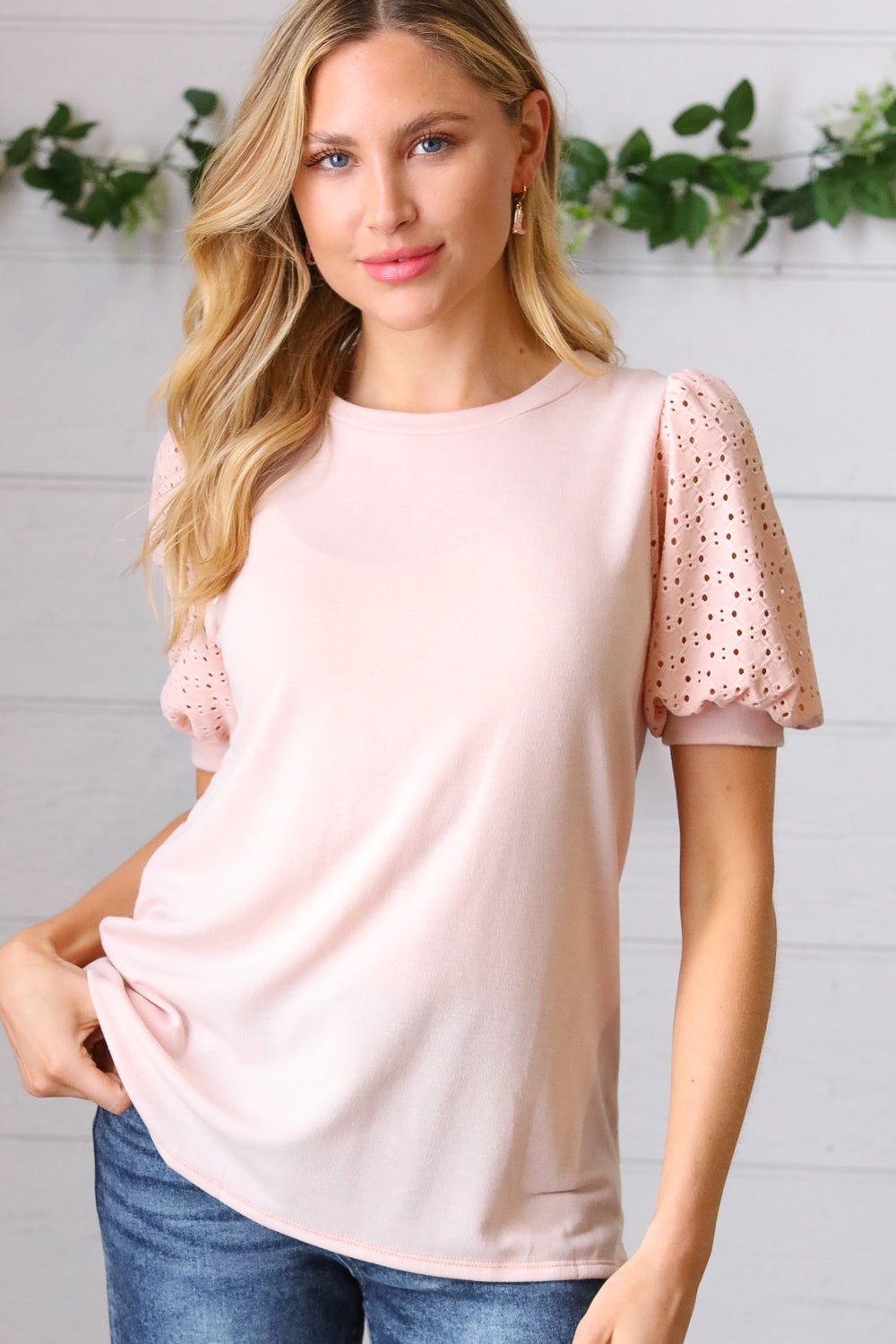 Peach Eyelet Puff Sleeve French Terry Top