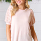 Peach Eyelet Puff Sleeve French Terry Top