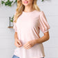 Peach Eyelet Puff Sleeve French Terry Top