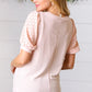 Peach Eyelet Puff Sleeve French Terry Top