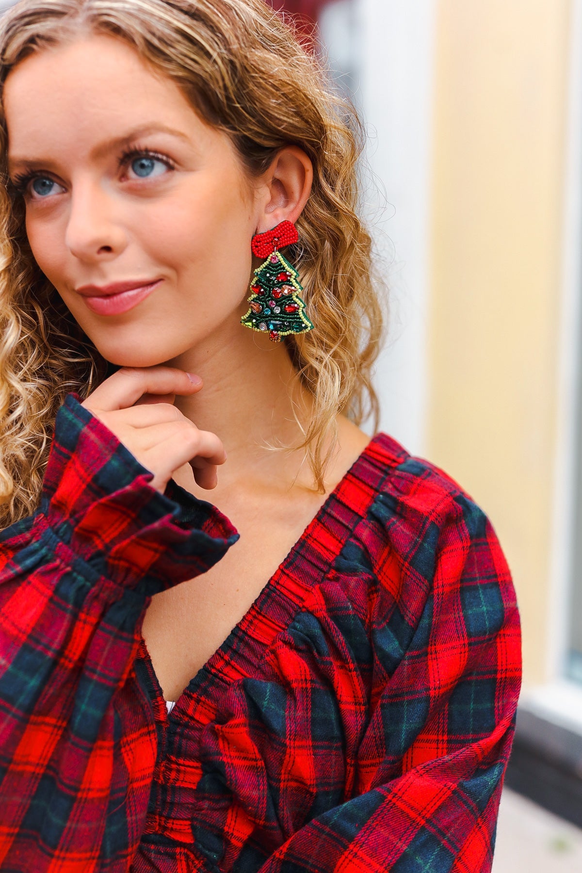 Christmas Tree Beaded & Rhinestone Dangle Earrings