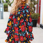 Lock Eyes Black Floral Sequin Print Ruffle Sleeve Frill Mock Neck Dress