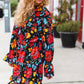 Lock Eyes Black Floral Sequin Print Ruffle Sleeve Frill Mock Neck Dress