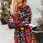 Lock Eyes Black Floral Sequin Print Ruffle Sleeve Frill Mock Neck Dress