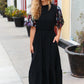 Black Floral Sequin Puff Sleeve Mock Neck Tiered Maxi Dress