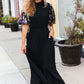 Black Floral Sequin Puff Sleeve Mock Neck Tiered Maxi Dress