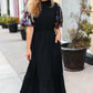 Black Floral Sequin Puff Sleeve Mock Neck Tiered Maxi Dress