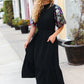 Black Floral Sequin Puff Sleeve Mock Neck Tiered Maxi Dress