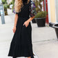 Black Floral Sequin Puff Sleeve Mock Neck Tiered Maxi Dress