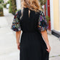 Black Floral Sequin Puff Sleeve Mock Neck Tiered Maxi Dress