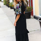 Black Floral Sequin Puff Sleeve Mock Neck Tiered Maxi Dress