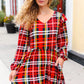 Adorable In Red Plaid Ruffle Detail Fit & Flare Midi Dress