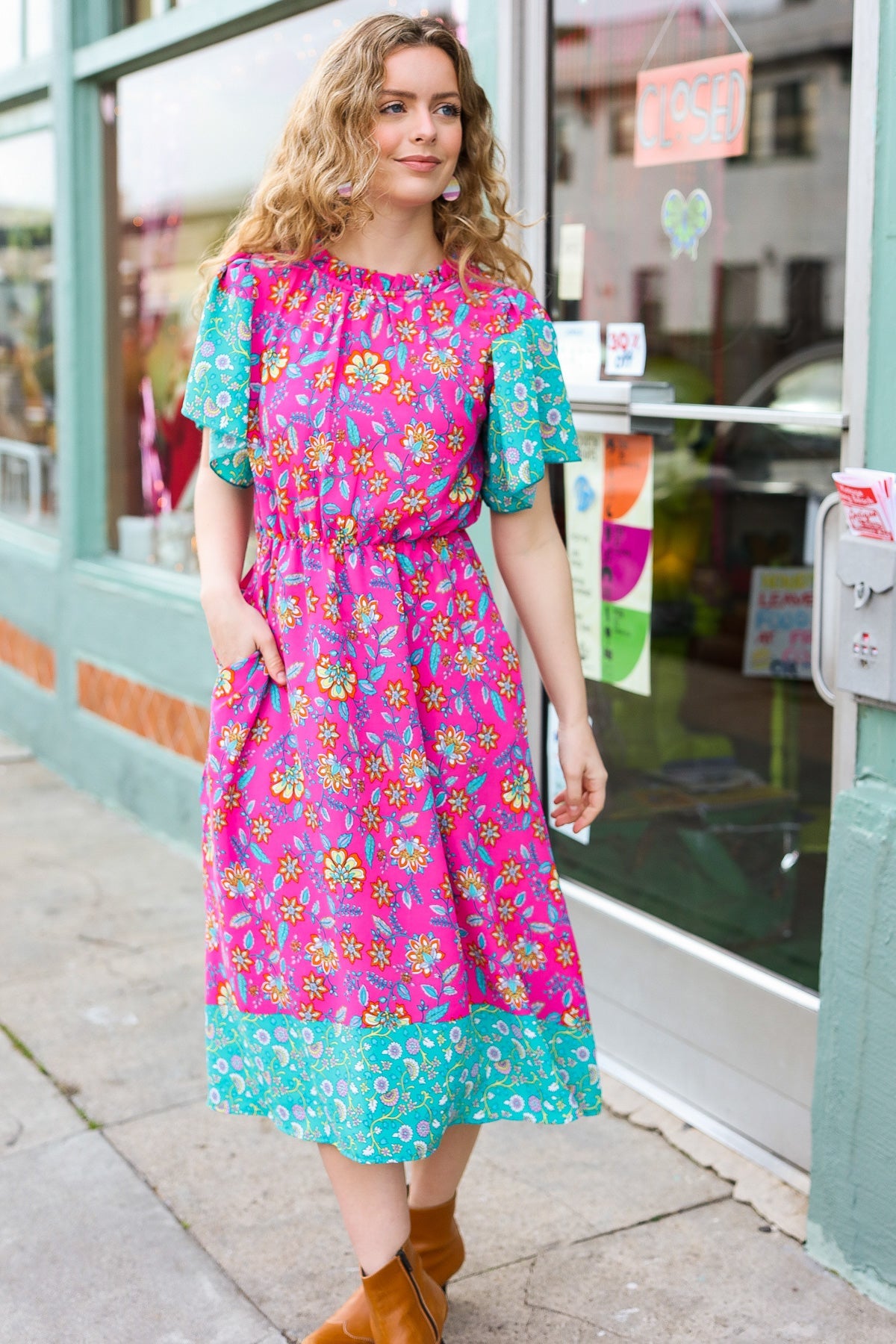 Charming Fuchsia & Mint Floral Frill Mock Neck Flutter Sleeve Midi Dress