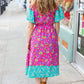 Charming Fuchsia & Mint Floral Frill Mock Neck Flutter Sleeve Midi Dress