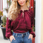 Holiday Vibes Burgundy Frill Detail Tie Neck Satin Top