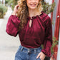 Holiday Vibes Burgundy Frill Detail Tie Neck Satin Top