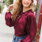 Holiday Vibes Burgundy Frill Detail Tie Neck Satin Top