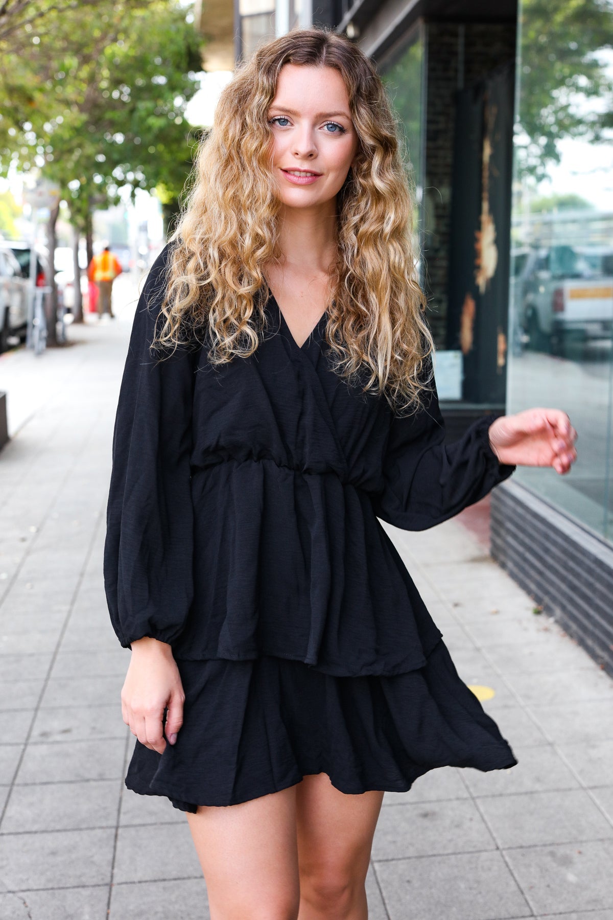 Falling In Love Black Surplice Tiered Woven Dress