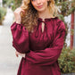 Holiday Vibes Burgundy Frill Detail Tie Neck Satin Top