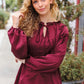 Holiday Vibes Burgundy Frill Detail Tie Neck Satin Top