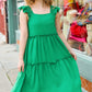 Lots To Love Kelly Green Smocked Flutter Sleeve Tiered Midi Dress