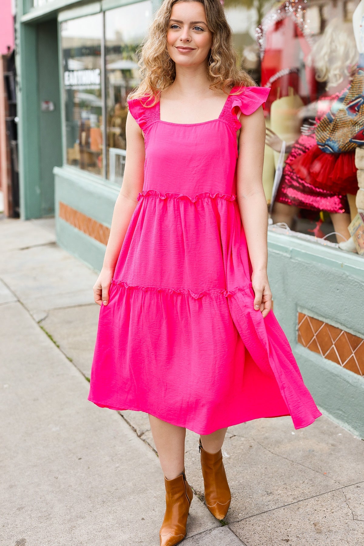 Lots To Love Fuchsia Smocked Flutter Sleeve Tiered Midi Dress