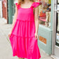 Lots To Love Fuchsia Smocked Flutter Sleeve Tiered Midi Dress