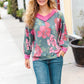 Beautiful You Vintage Teal Floral Print V Neck Hacci Knit Sweater