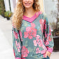 Beautiful You Vintage Teal Floral Print V Neck Hacci Knit Sweater