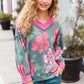 Beautiful You Vintage Teal Floral Print V Neck Hacci Knit Sweater