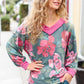 Beautiful You Vintage Teal Floral Print V Neck Hacci Knit Sweater