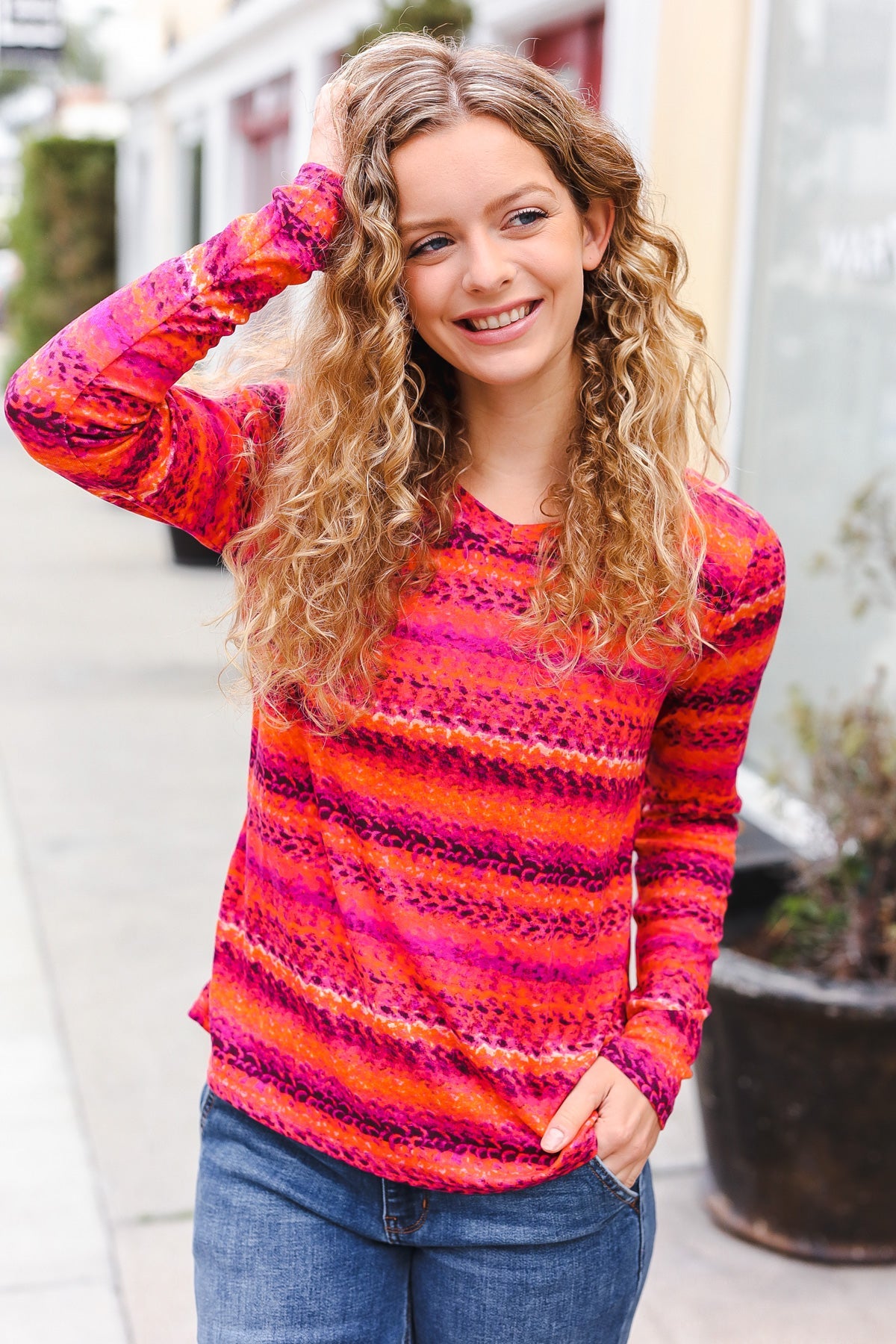 Be Bold Flame & Magenta Striped Cable Knit Print Hacci Top