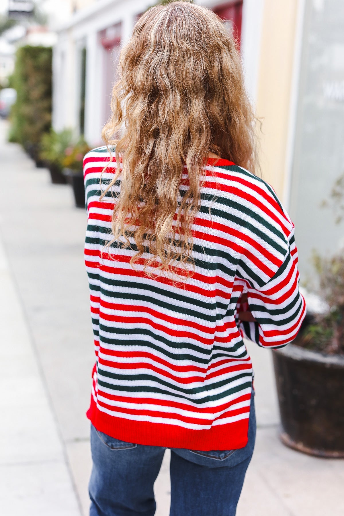 Christmas Red & Green Striped Oversized Knit Sweater