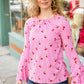 Make You Smile Pink Stripe & Cherries Bell Sleeve Top