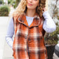 Put Together Rust Taupe Plaid Snap Button Quilted Puffer Vest