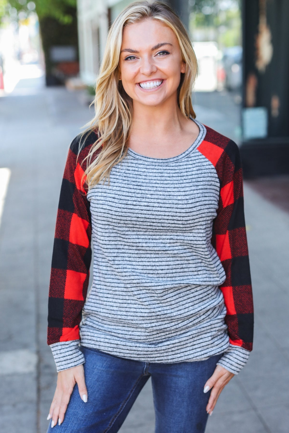 Adorable Red & Grey Striped Plaid Longline Raglan Top