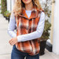 Put Together Rust Taupe Plaid Snap Button Quilted Puffer Vest