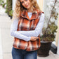 Put Together Rust Taupe Plaid Snap Button Quilted Puffer Vest