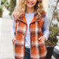 Put Together Rust Taupe Plaid Snap Button Quilted Puffer Vest