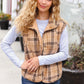 Layer Up Taupe Plaid Snap Button Quilted Puffer Vest