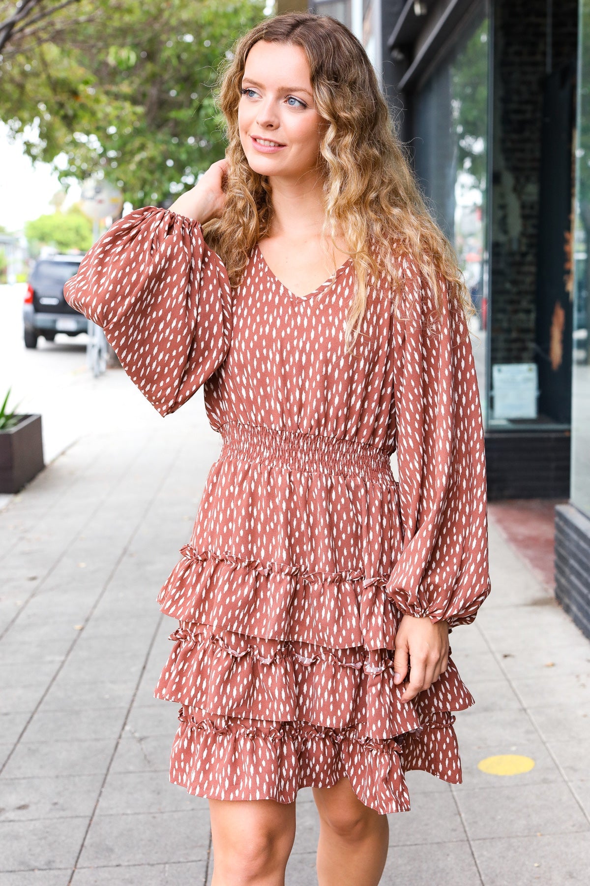 Feminine Flair Terracotta Leopard Print Ruffle Tiered Dress