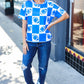 Turn Up The Volume Blue Football Checker Print Top