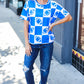 Turn Up The Volume Blue Football Checker Print Top