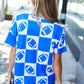 Turn Up The Volume Blue Football Checker Print Top